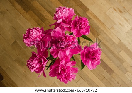 Bunch of pink peonies flowers on the floor