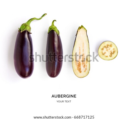Creative layout made of aubergine. Flat lay. Food concept. Vegetables isolated on white background. Royalty-Free Stock Photo #668717125