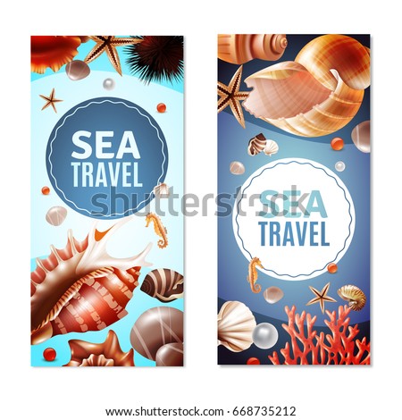 Sea travel vertical banners with various seashells and sea animals isolated on white background realistic vector illustration