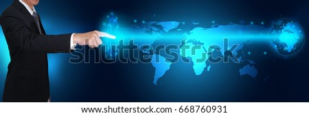 Businessman on motion finger point or touch, light blue digital cyber circular and the polygon world  as business, technology, innovation, future and goal concept.