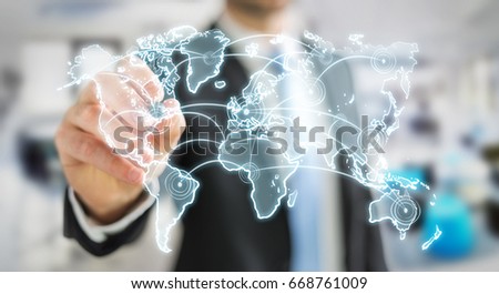 Businessman on blurred background drawing world connection sketch