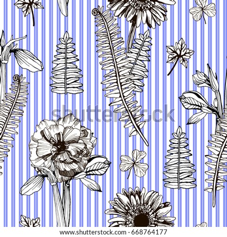 Seamless pattern with herbs and flowers. Is suitable for the press on fabric, paper and other materials. Stripes blue background. Hand drawn illustration fashion luxury dress.