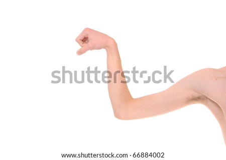 Weak White Caucasian skinny arm trying to flex his muscles. Isolated on white. Royalty-Free Stock Photo #66884002
