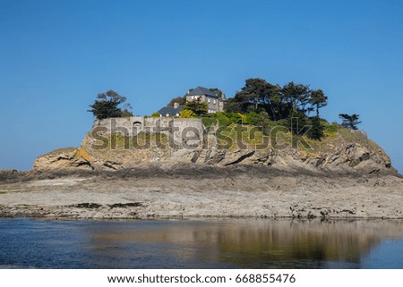 amazing view of Fort Du Guesclin panoramic view. Brittany, France with the island reflection on the calm water 