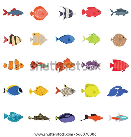 Cute fish vector illustration icons set. Tropical fish, sea fish, aquarium fish