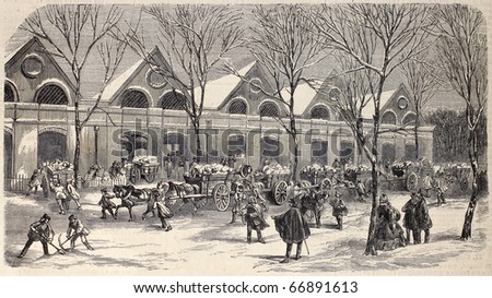 Antique engraved illustration shows ice workers, carts and storehouse in Paris. Original, from drawing of Provost, was published on “L'Illustration, Journal Universel”, Paris, 1860