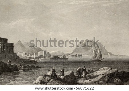 Antique engraving showing a view of Gulf of Palermo, Italy. The original illustration may be dated to the half of 19th c. (Aus d. Kunstanst, d. Bibliogr. Inst in Hildburgh - Eigenthum der Verleger)
