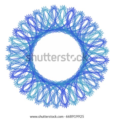 Round shape as snowflake with blue and green curly lines. Snow spirograph for New year and Christmas garlands, festive banners,advertising,diplomas,certificates,documents,decorations,fabric,textile.