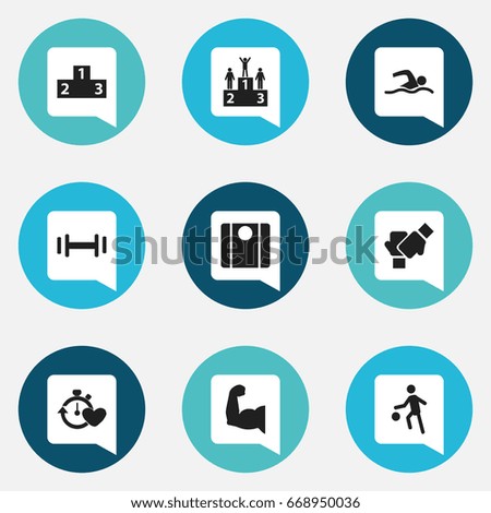 Set Of 9 Editable Sport Icons. Includes Symbols Such As Health Time, Competition, Gauntlet And More. Can Be Used For Web, Mobile, UI And Infographic Design.