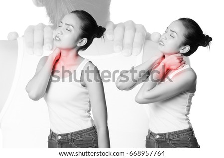 young women holding her neck in pain. photo with red as a symbol for the hardening.
