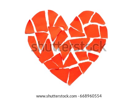 Broken heart breakup concept separation and divorce icon. Red crumpled paper shaped as a torn love