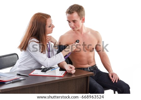 Female doctor and the male patient on a white background.