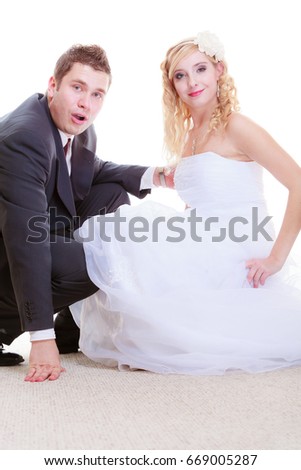 Positive relationship couples concept. Happy groom and bride posing for marriage photo waiting for the big day.