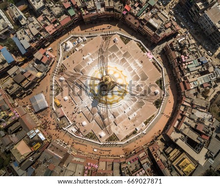Aerial view on a stupa the Boudnath created in the form of a Buddhist mandala. Nepal, Katmandu, shooting from the drone