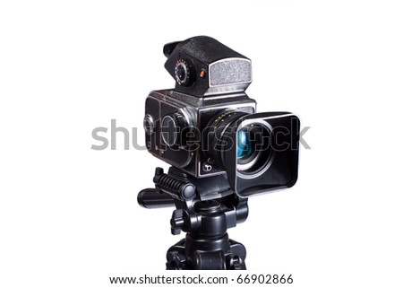 Middle-format camera on tripod isolated on white