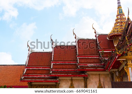 Roof Wat Chalong Most Important Buddhist Temple with Bas-relief and Bellfry Phuket Island of Thailand