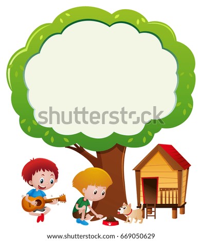 Border template with two boys and pet dog
