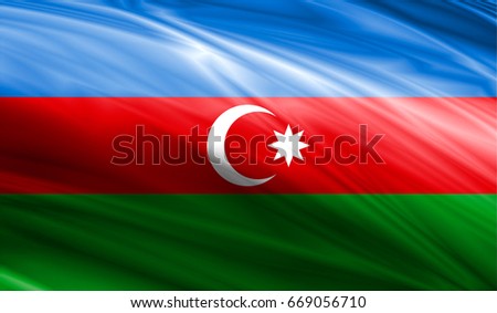 Realistic flag of Azerbaijan on the wavy surface of fabric. This flag can be used in design
