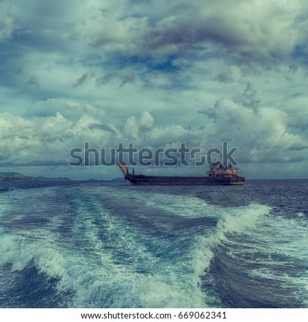  in  philippines   a view from  boat  and the pacific ocean  mountain background