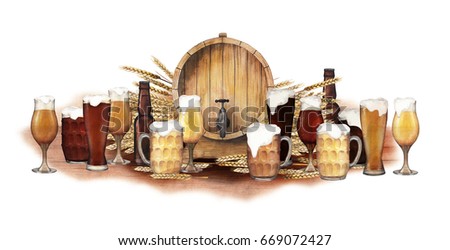 Watercolor barrel of beer decorated with malt bunch, different types of beer and brown bottle. Hand painted oktoberfest design isolated on white background
