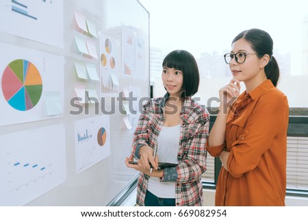 beautiful elegant woman manager with her colleague looking at graph paper document thinking design inspiration when they meeting on whiteboard.