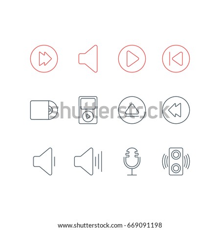 Vector Illustration Of 12 Music Icons. Editable Pack Of Start, Mike, Reversing And Other Elements.