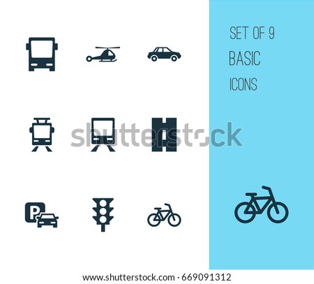 Transportation Icons Set. Collection Of Way, Automobile, Bicycle And Other Elements. Also Includes Symbols Such As Trolley, Way, Omnibus.