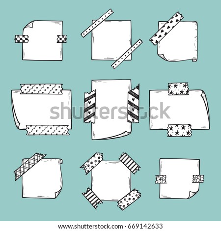 Strips of Masking Tape and Note Paper Set. Hand Drawn Doodle Sticky tape with Paper. Scotch patterned Adhesive tape collection. Vector illustration