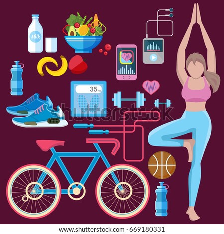 Healthy lifestyle concept. Food and sport. Vector illustration Flat design style.