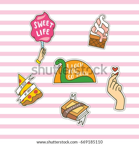 Set of cute fashion patches with pizza, ice cream and other object