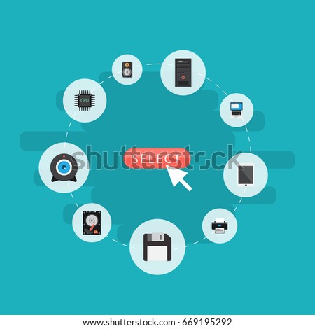 Flat Icons Printer, Web Cam, Palmtop And Other Vector Elements. Set Of Computer Flat Icons Symbols Also Includes Amplifier, Cpu, Camera Objects.