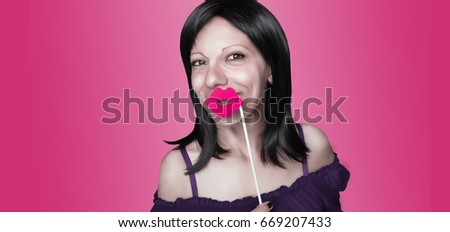 Girl with a fake pink yarrow mouth, in cartoon style, on pink background