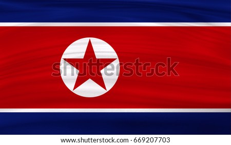 Realistic flag of North Korea on the wavy surface of fabric. This flag can be used in design