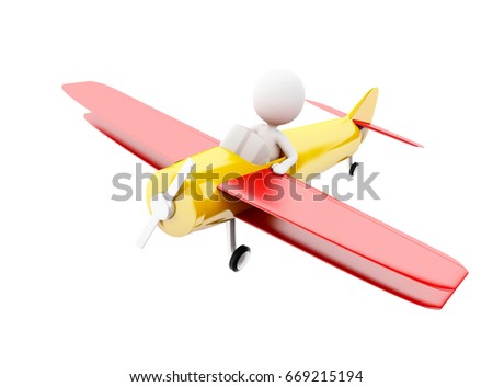 3d illustration. White people piloting an airplane. Isolated white background