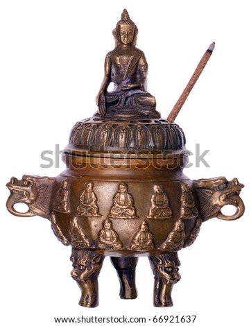 Buddha idol with incense sticks isolated on white Royalty-Free Stock Photo #66921637