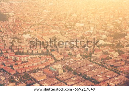 Beautiful views of the city from above, aerial photography. Toned