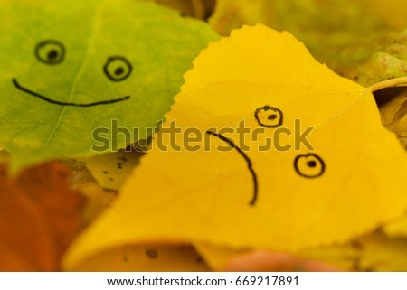 Green and yellow leaves with a picture of happy and sad faces on the background of fallen autumn foliage