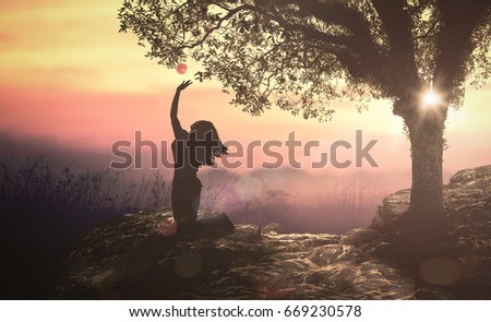 Bible story: Eve and forbidden tree with fruit in Eden garden Royalty-Free Stock Photo #669230578