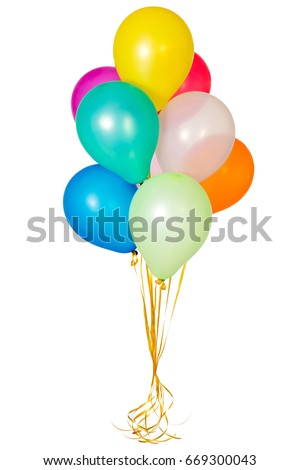 Colorful Balloons with yellow ribbons in isolated White Background Royalty-Free Stock Photo #669300043