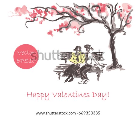 Love couple under cherry blossom. Happy valentines day card design. Pencil drawing.