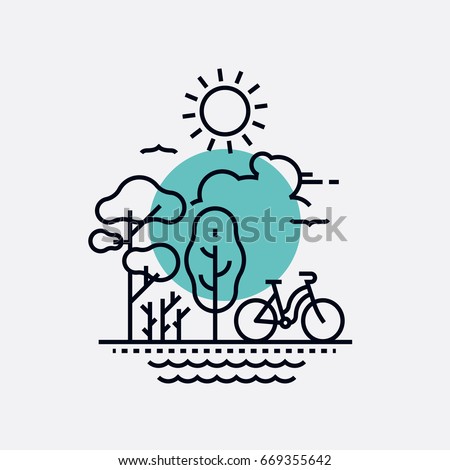Simple creative vector concept on park, nature and outdoor activity with primitive geometric flat line trees, bicycle, sun, birds and water. Fresh air summer recreation, weekend in the park Royalty-Free Stock Photo #669355642