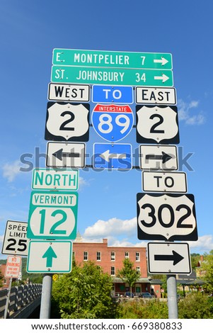 Road Sign of Interstate Highway 89, US route 2, Vermont route 12 in Montpelier, Vermont VT, USA.