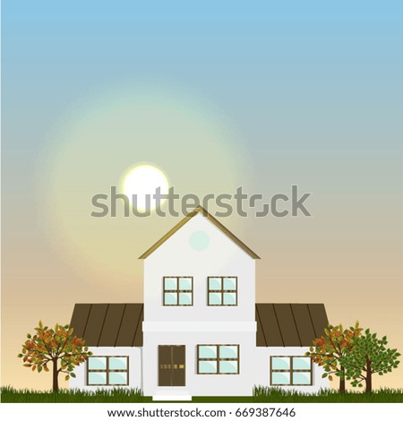 School building in the suburbs. Autumn Landscape at dawn. Urban vector landscape can be used in newsletter, brochures, postcards, banner. 