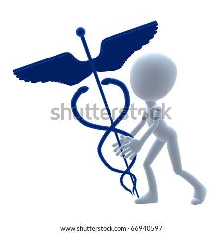 3D medical guy holding a md symbol on a white background