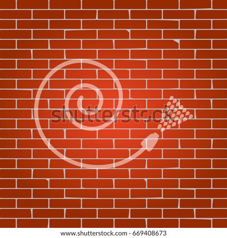 Garden hose sign. Vector. Whitish icon on brick wall as background.