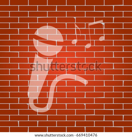 Microphone sign with music notes. Vector. Whitish icon on brick wall as background.