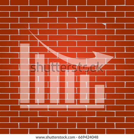 Declining graph sign. Vector. Whitish icon on brick wall as background.