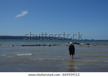 the woman watching the blue heron on the beach,English bay beach Vancouver Canada