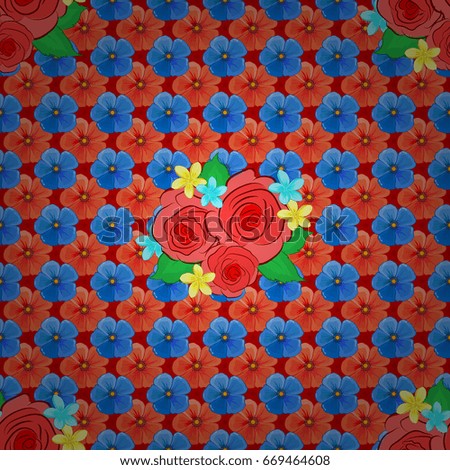 Modern motley floral seamless pattern on a red background. Floral print. Repeating vector cosmos flowers pattern.