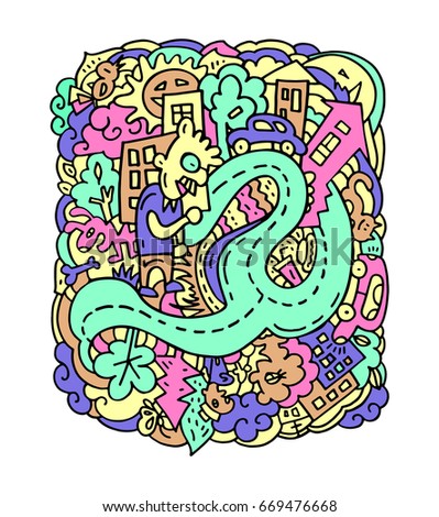 Concept. City street. Prints for T-shirts, bags, postcards. Hand drawn doodle.